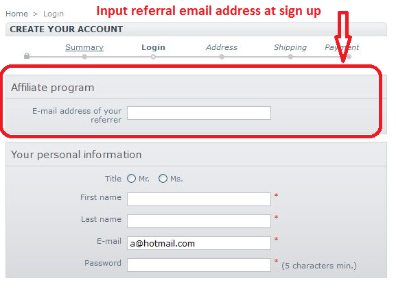 Input referral email address at signup