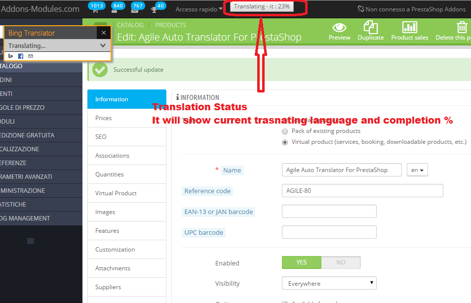 Editable multiple language translation status - current translating language and completion %